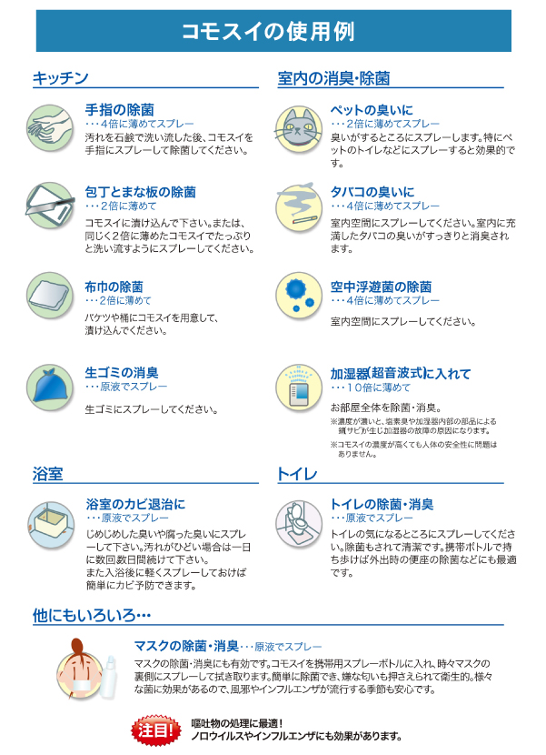【コモスイの使用例】キッチン:手指の除菌、包丁とまな板の除菌、布巾の除菌、生ゴミの消臭。室内の消臭・除菌:ペットの臭いに、タバコの臭いに、空中浮遊菌の除菌、加湿器(超音波方式)に入れて。浴室:浴室のカビ退治に。トイレ:トイレの除菌・消臭。他にもいろいろ:マスクの除菌・消臭